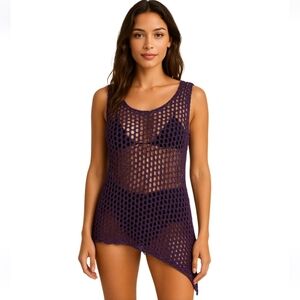 Handmade Crochet Cover-Up Sparkle Mesh Resort Top One Size 20" Asymmetrical Hem